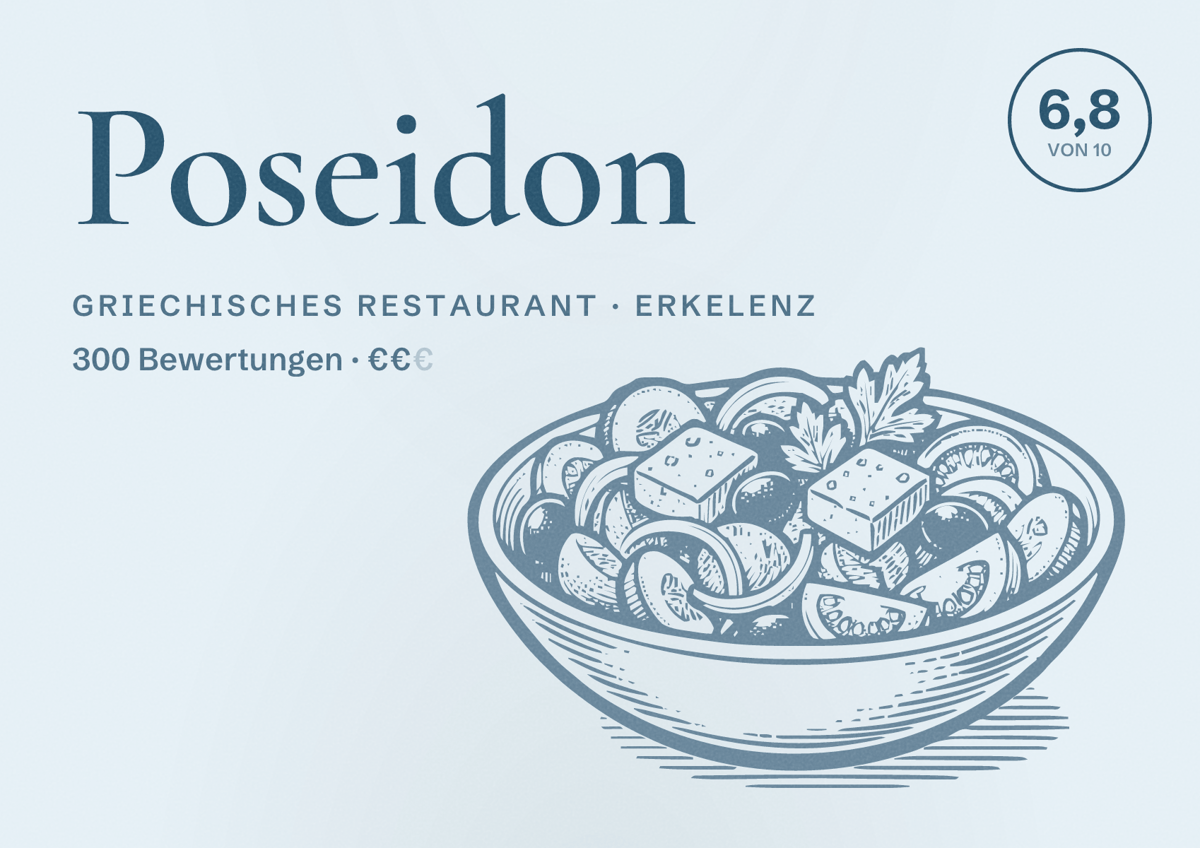 Illustriertes Poster von Poseidon, Griechisches Restaurant in Erkelenz: Bewertung 6,8 von 10 aus 300 Bewertungen, Preisniveau €€