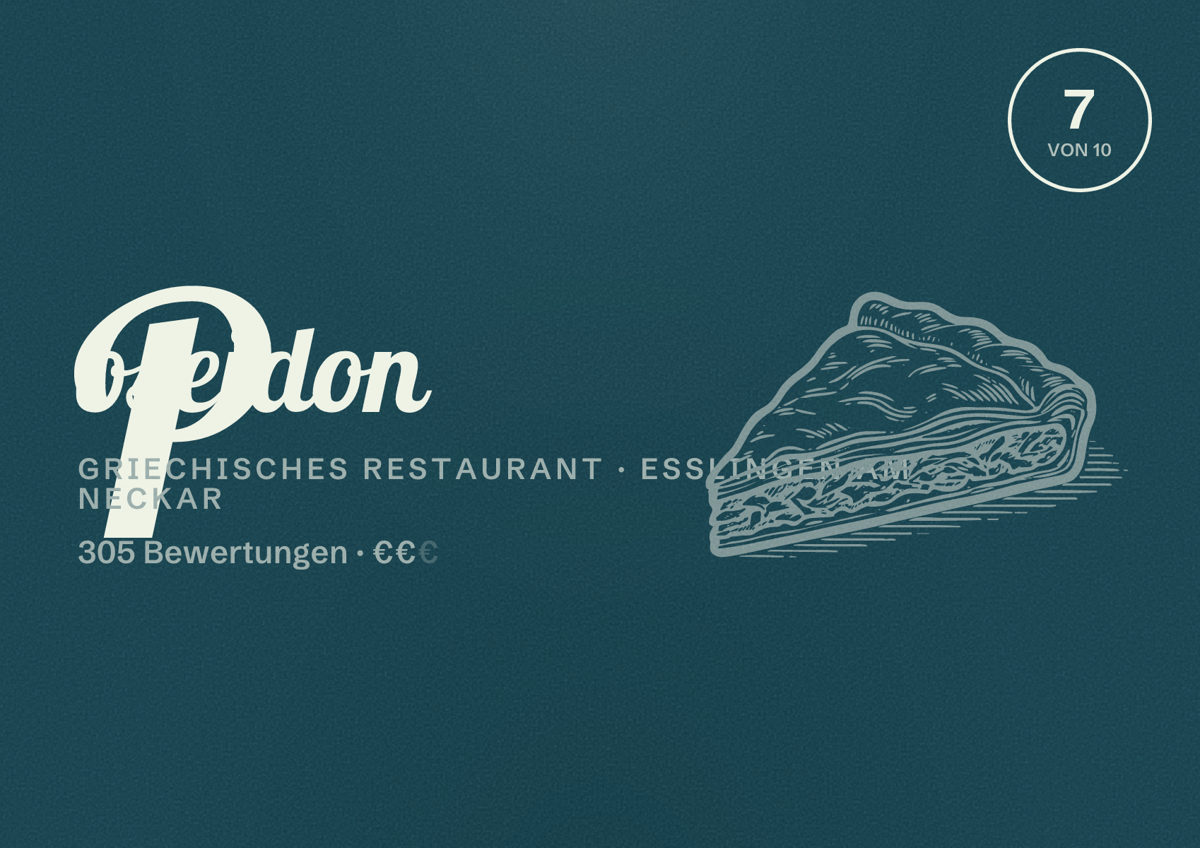 Illustriertes Poster von Poseidon, Griechisches Restaurant in Esslingen am Neckar: Bewertung 7,0 von 10 aus 305 Bewertungen, Preisniveau €€