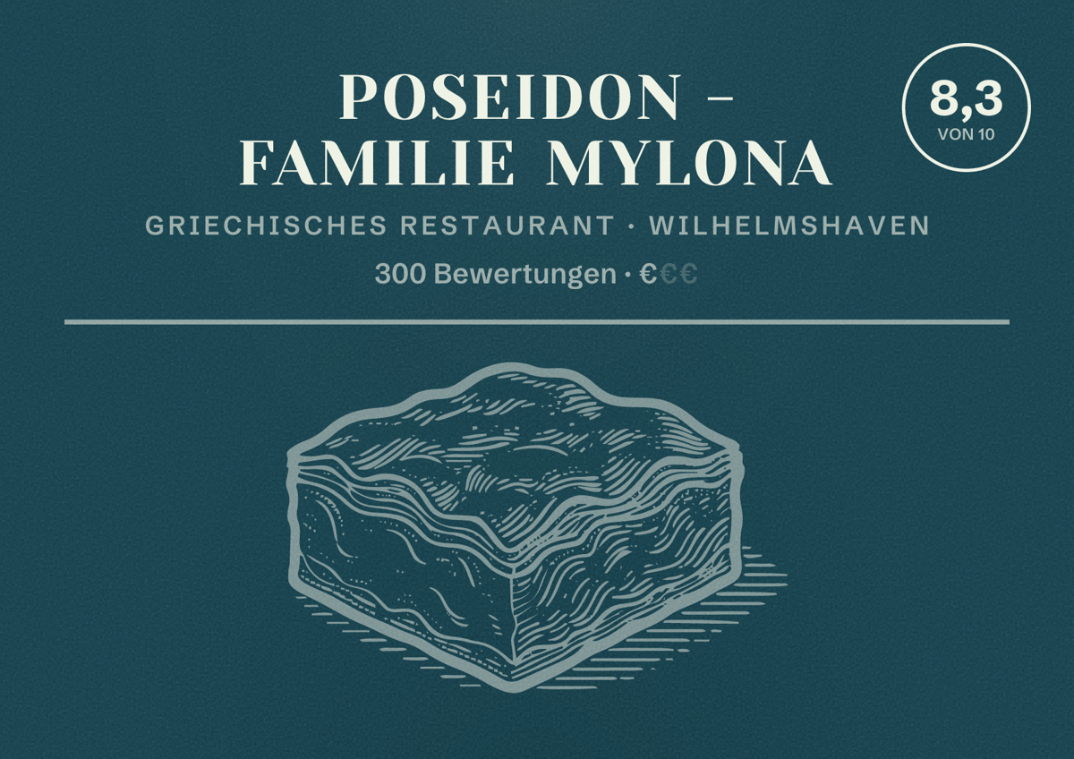 Illustriertes Poster von Poseidon - Familie Mylona, Griechisches Restaurant in Wilhelmshaven: Bewertung 8,3 von 10 aus 300 Bewertungen, Preisniveau €