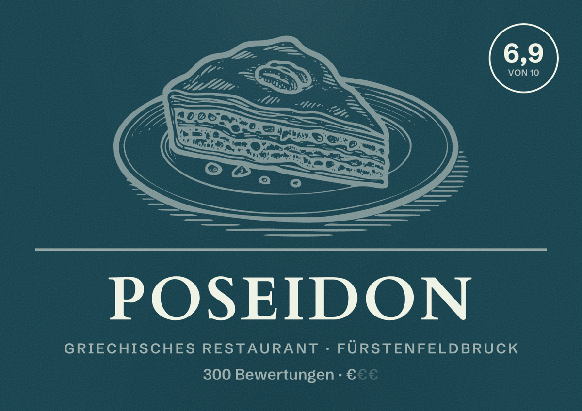Illustriertes Poster von Poseidon, Griechisches Restaurant in Fürstenfeldbruck: Bewertung 6,9 von 10 aus 300 Bewertungen, Preisniveau €
