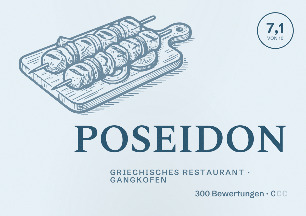 Illustriertes Poster von POSEIDON, Griechisches Restaurant in Gangkofen: Bewertung 7,1 von 10 aus 300 Bewertungen, Preisniveau €