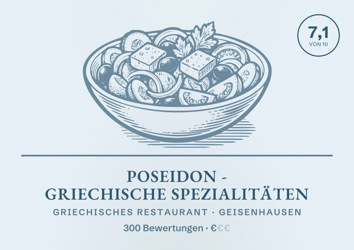 Illustriertes Poster von POSEIDON - Griechische SPEZIALITÄTEN, Griechisches Restaurant in Geisenhausen: Bewertung 7,1 von 10 aus 300 Bewertungen, Preisniveau €