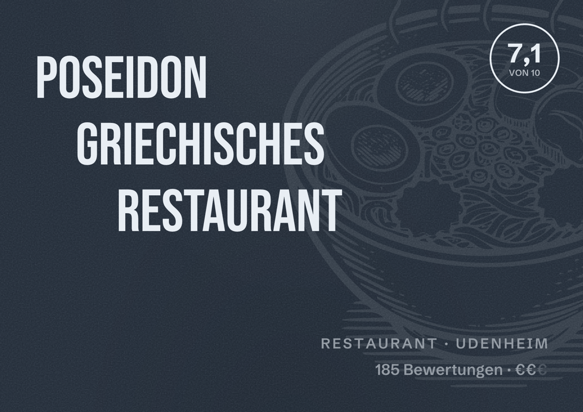 Illustriertes Poster von Poseidon Griechisches Restaurant, Restaurant in Udenheim: Bewertung 7,1 von 10 aus 185 Bewertungen, Preisniveau €€
