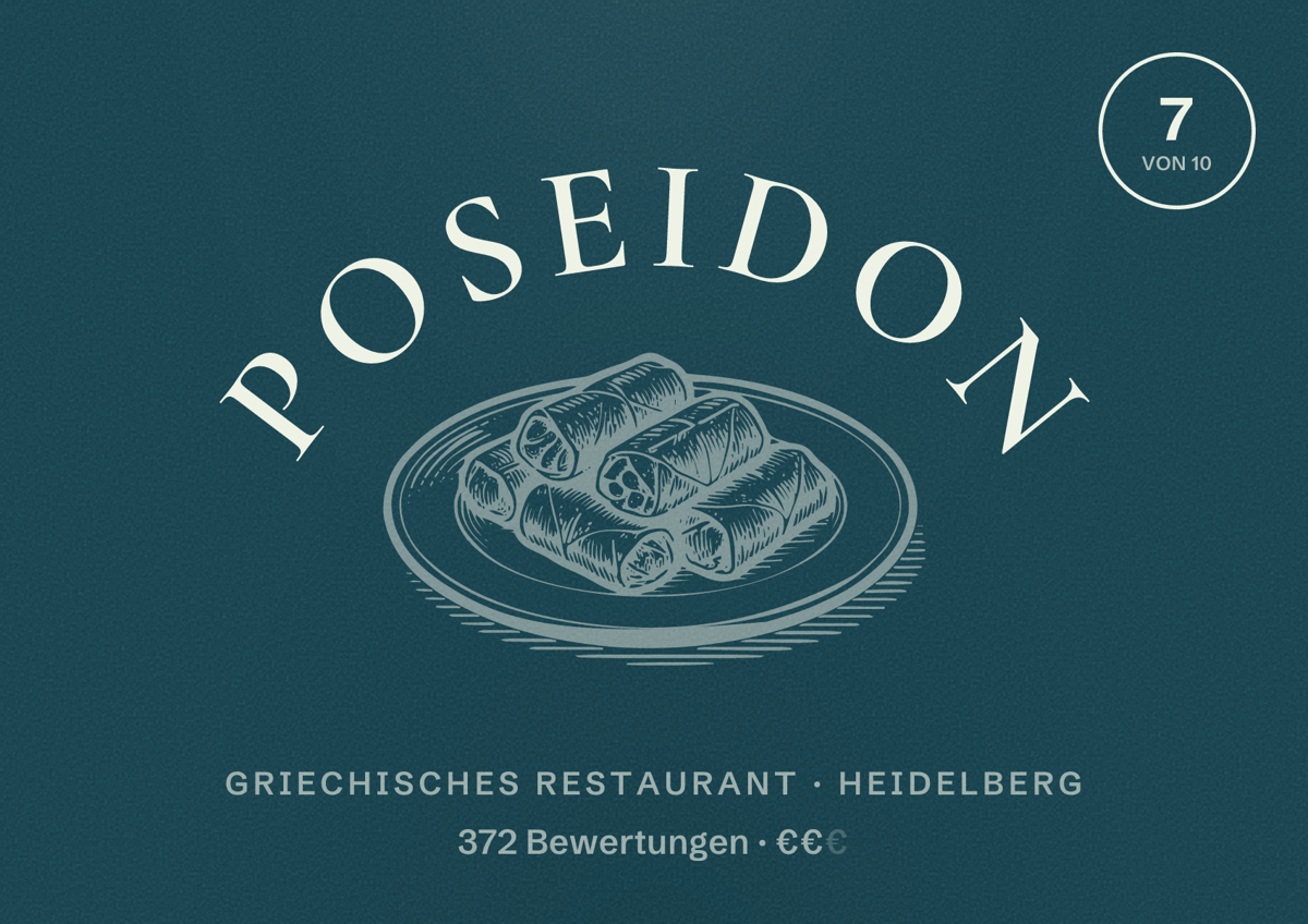 Illustriertes Poster von Poseidon, Griechisches Restaurant in Heidelberg: Bewertung 7 von 10 aus 372 Bewertungen, Preisniveau €€
