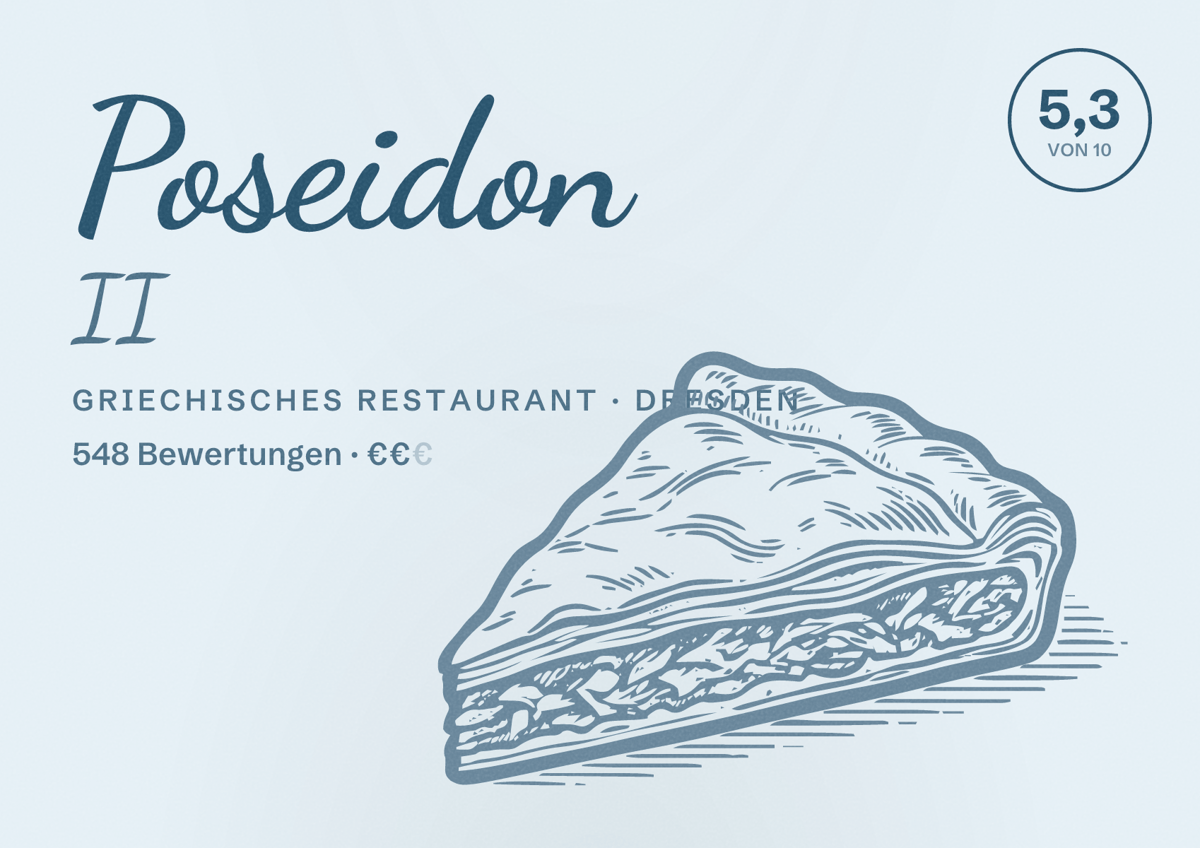 Illustriertes Poster von Poseidon II, Griechisches Restaurant in Dresden: Bewertung 5,3 von 10 aus 548 Bewertungen, Preisniveau €€