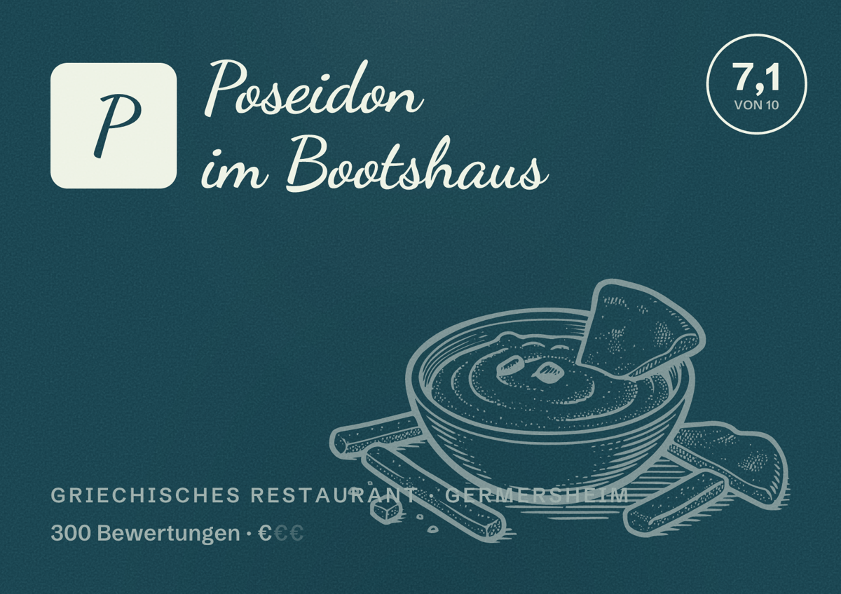 Illustriertes Poster von Poseidon im Bootshaus, Griechisches Restaurant in Germersheim: Bewertung 7,1 von 10 aus 300 Bewertungen, Preisniveau €