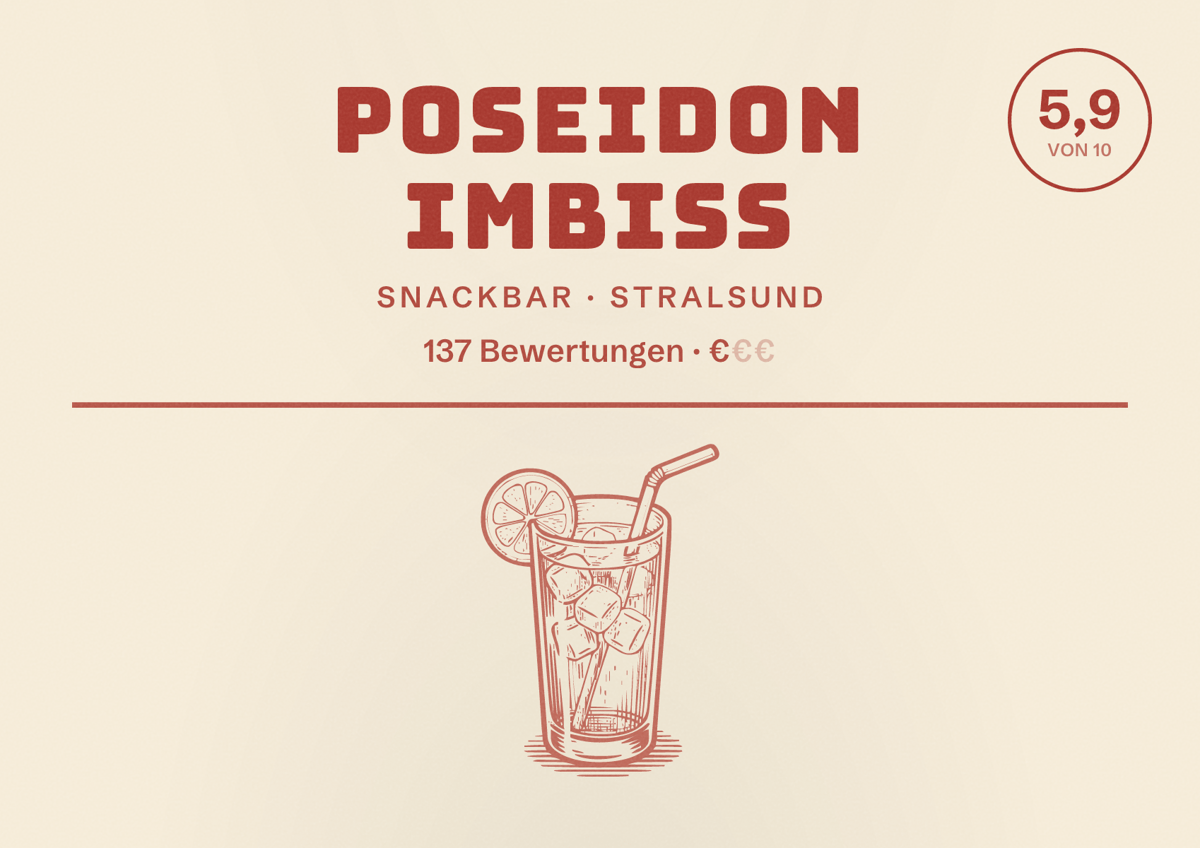 Illustriertes Poster von Poseidon Imbiss, Snackbar in Stralsund: Bewertung 5,9 von 10 aus 137 Bewertungen, Preisniveau €