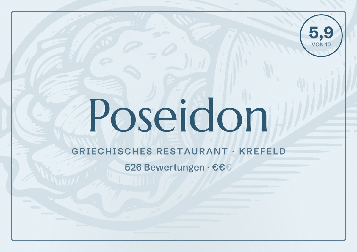 Illustriertes Poster von Poseidon, Griechisches Restaurant in Krefeld: Bewertung 5,9 von 10 aus 526 Bewertungen, Preisniveau €€