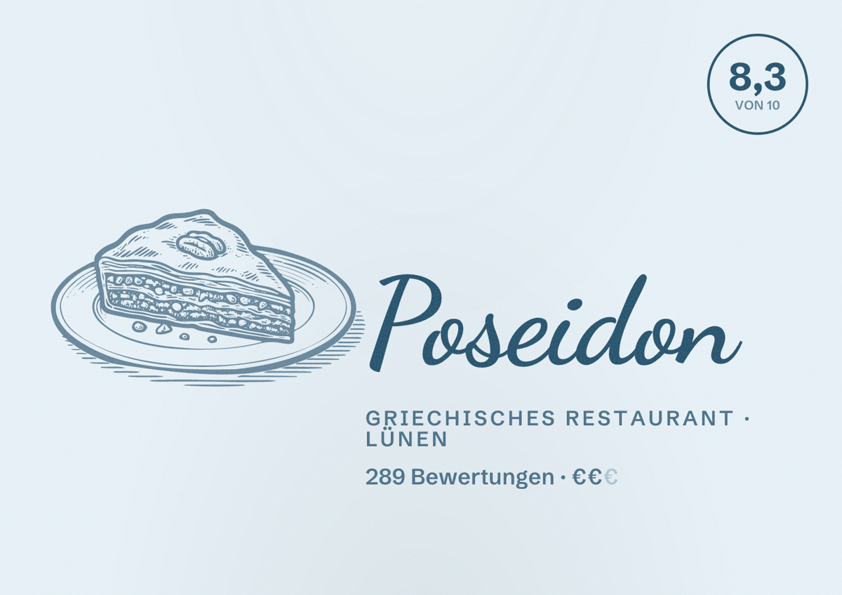 Illustriertes Poster von Poseidon, Griechisches Restaurant in Lünen: Bewertung 8,3 von 10 aus 289 Bewertungen, Preisniveau €€