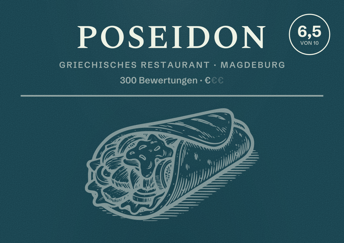 Illustriertes Poster von Poseidon, Griechisches Restaurant in Magdeburg: Bewertung 6,5 von 10 aus 300 Bewertungen, Preisniveau €