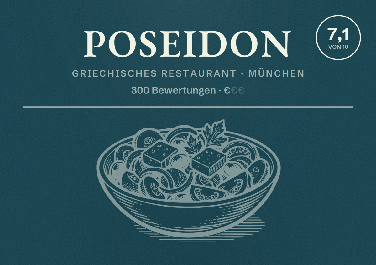 Illustriertes Poster von Poseidon, Griechisches Restaurant in München: Bewertung 7,1 von 10 aus 300 Bewertungen, Preisniveau €