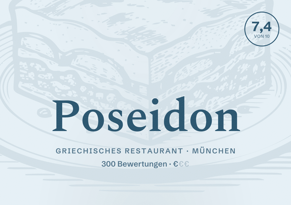 Illustriertes Poster von Poseidon, Griechisches Restaurant in München: Bewertung 7,4 von 10 aus 300 Bewertungen, Preisniveau €
