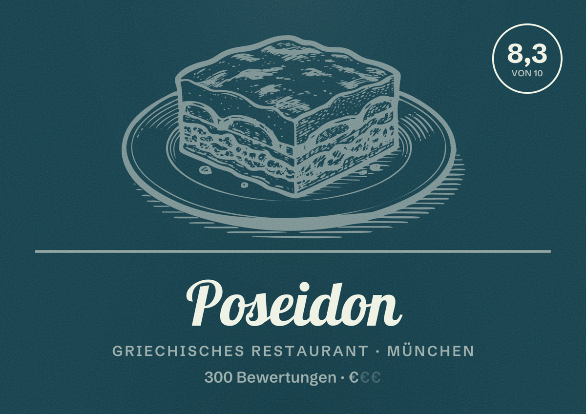 Illustriertes Poster von Poseidon, Griechisches Restaurant in München: Bewertung 8,3 von 10 aus 300 Bewertungen, Preisniveau €