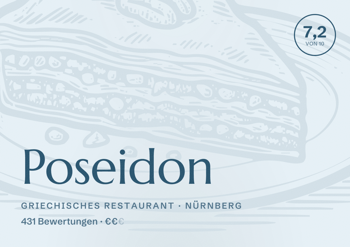 Illustriertes Poster von Poseidon, Griechisches Restaurant in Nürnberg: Bewertung 7,2 von 10 aus 431 Bewertungen, Preisniveau €€