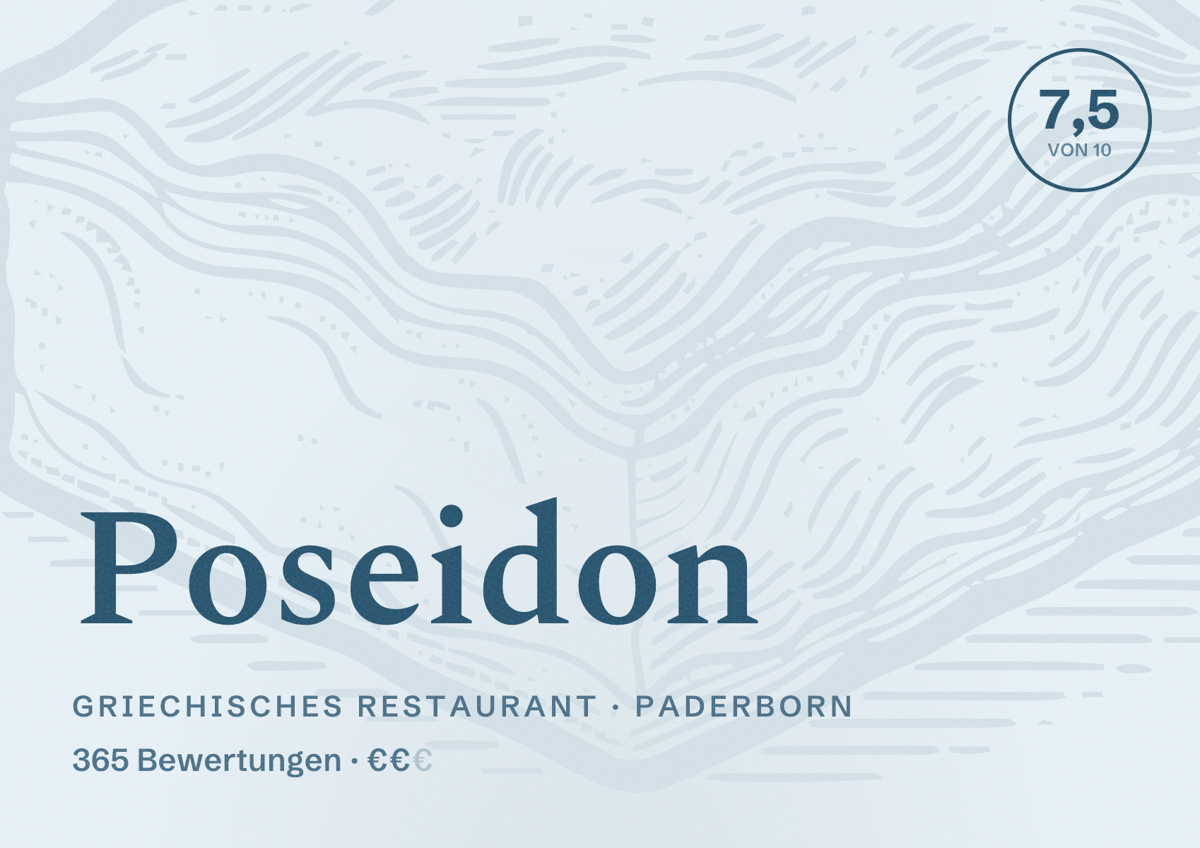 Illustriertes Poster von Poseidon, Griechisches Restaurant in Paderborn: Bewertung 7,5 von 10 aus 365 Bewertungen, Preisniveau €€