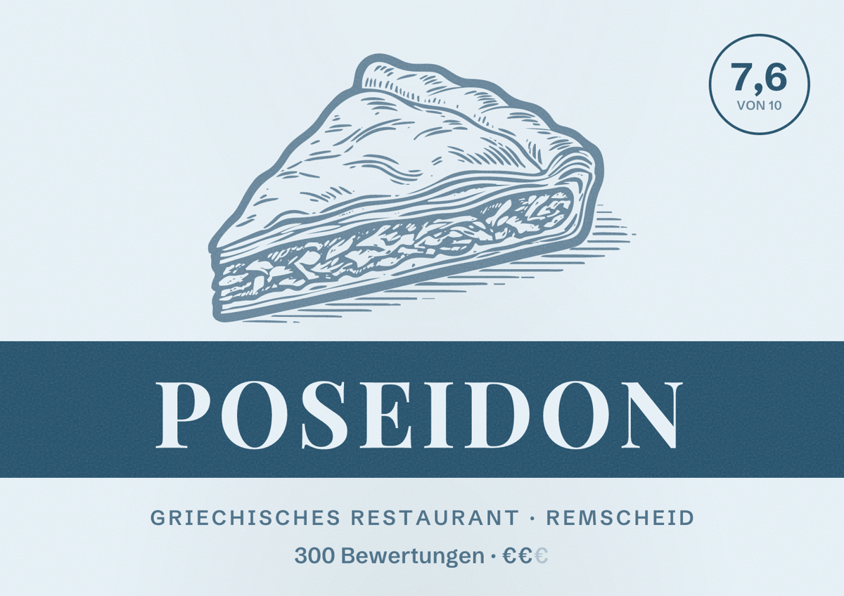 Illustriertes Poster von Poseidon, Griechisches Restaurant in Remscheid: Bewertung 7,6 von 10 aus 300 Bewertungen, Preisniveau €€