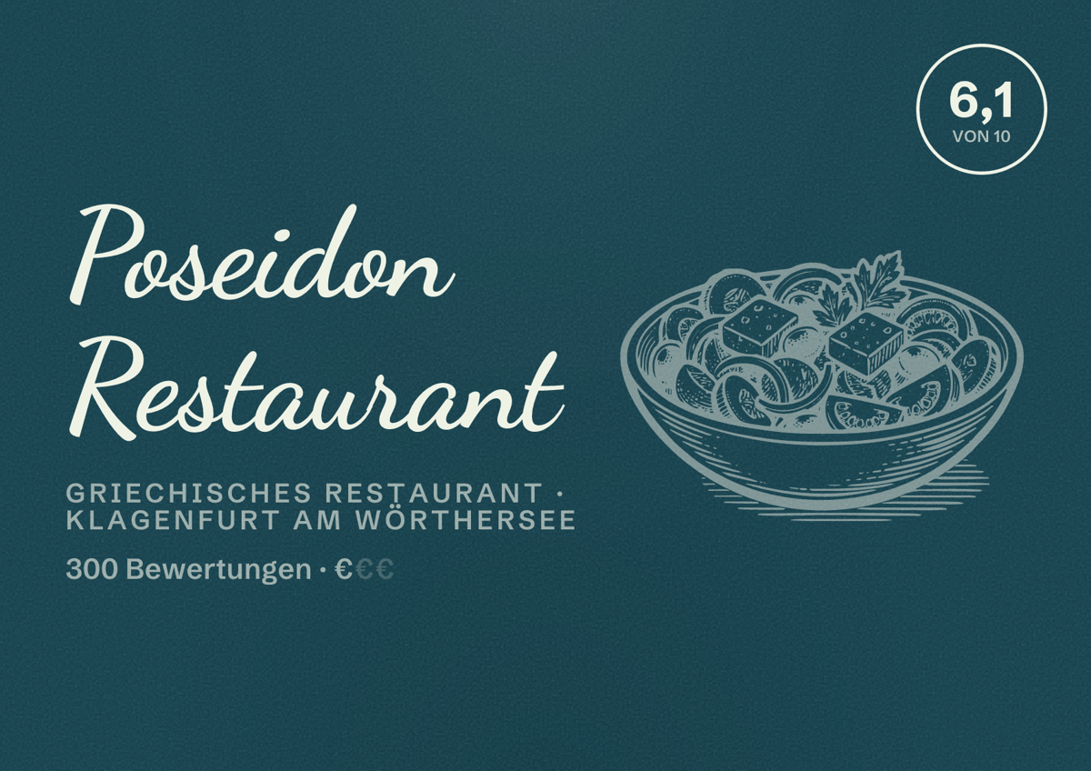 Illustriertes Poster von Poseidon Restaurant, Griechisches Restaurant in Klagenfurt am Wörthersee: Bewertung 6,1 von 10 aus 300 Bewertungen, Preisniveau €