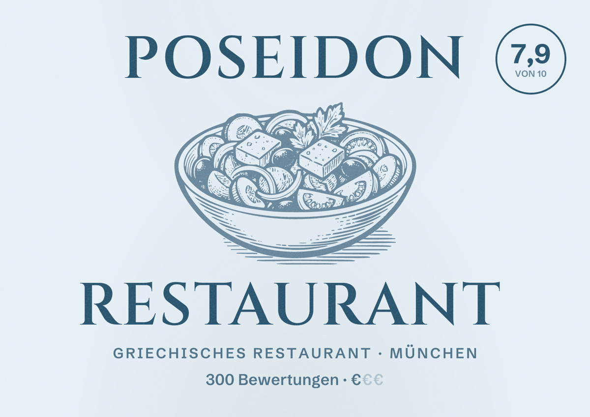Illustriertes Poster von Poseidon Restaurant, Griechisches Restaurant in München: Bewertung 7,9 von 10 aus 300 Bewertungen, Preisniveau €