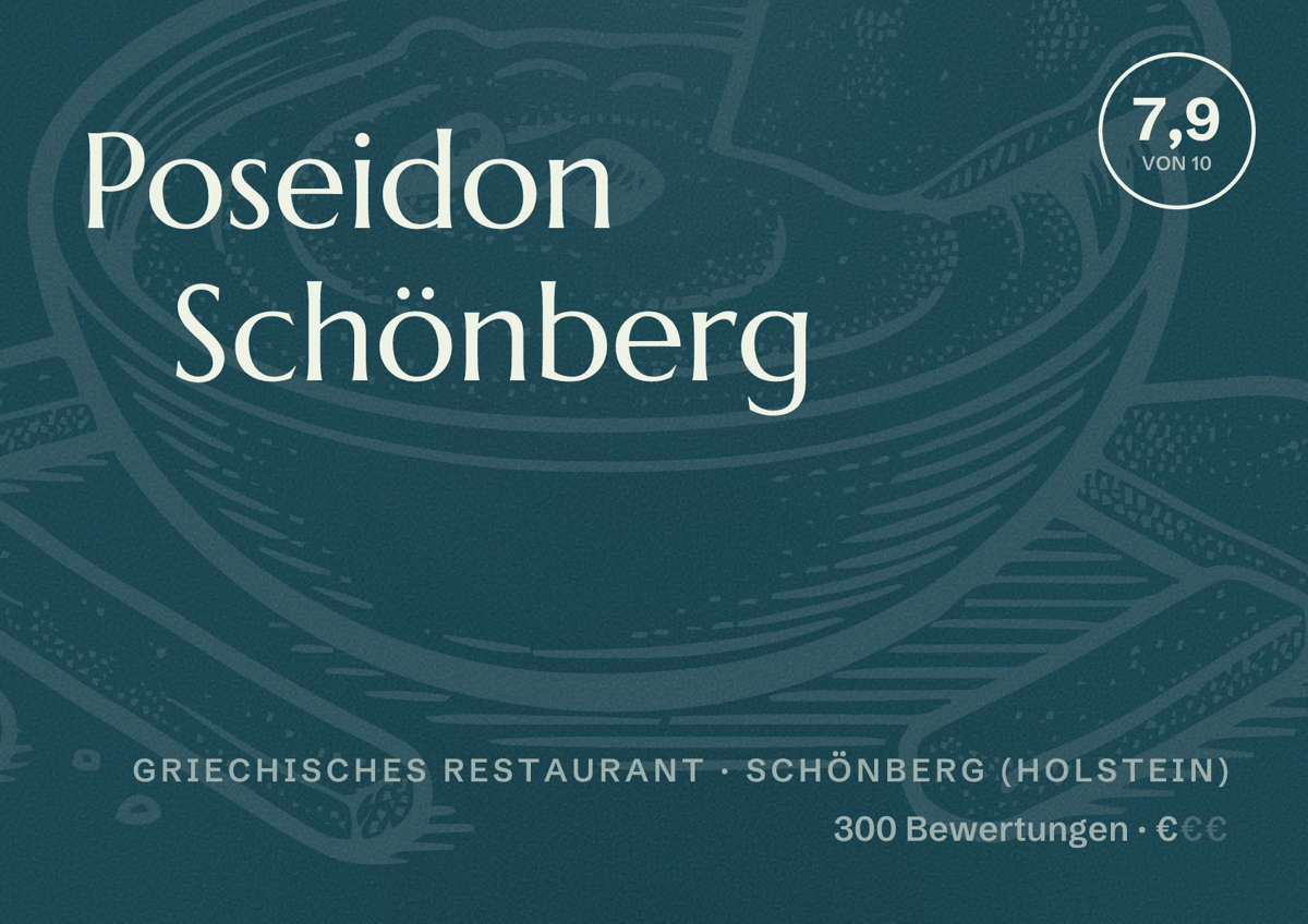 Illustriertes Poster von Poseidon Schönberg, Griechisches Restaurant in Schönberg (Holstein): Bewertung 7,9 von 10 aus 300 Bewertungen, Preisniveau €