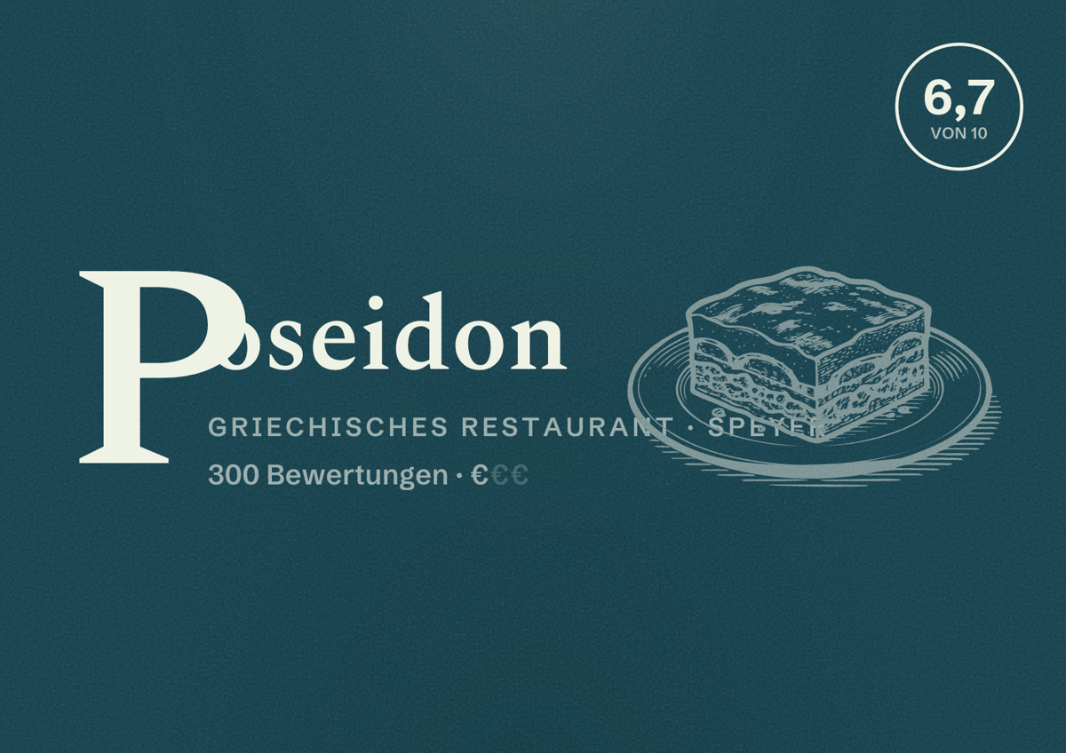 Illustriertes Poster von Poseidon, Griechisches Restaurant in Speyer: Bewertung 6,7 von 10 aus 300 Bewertungen, Preisniveau €