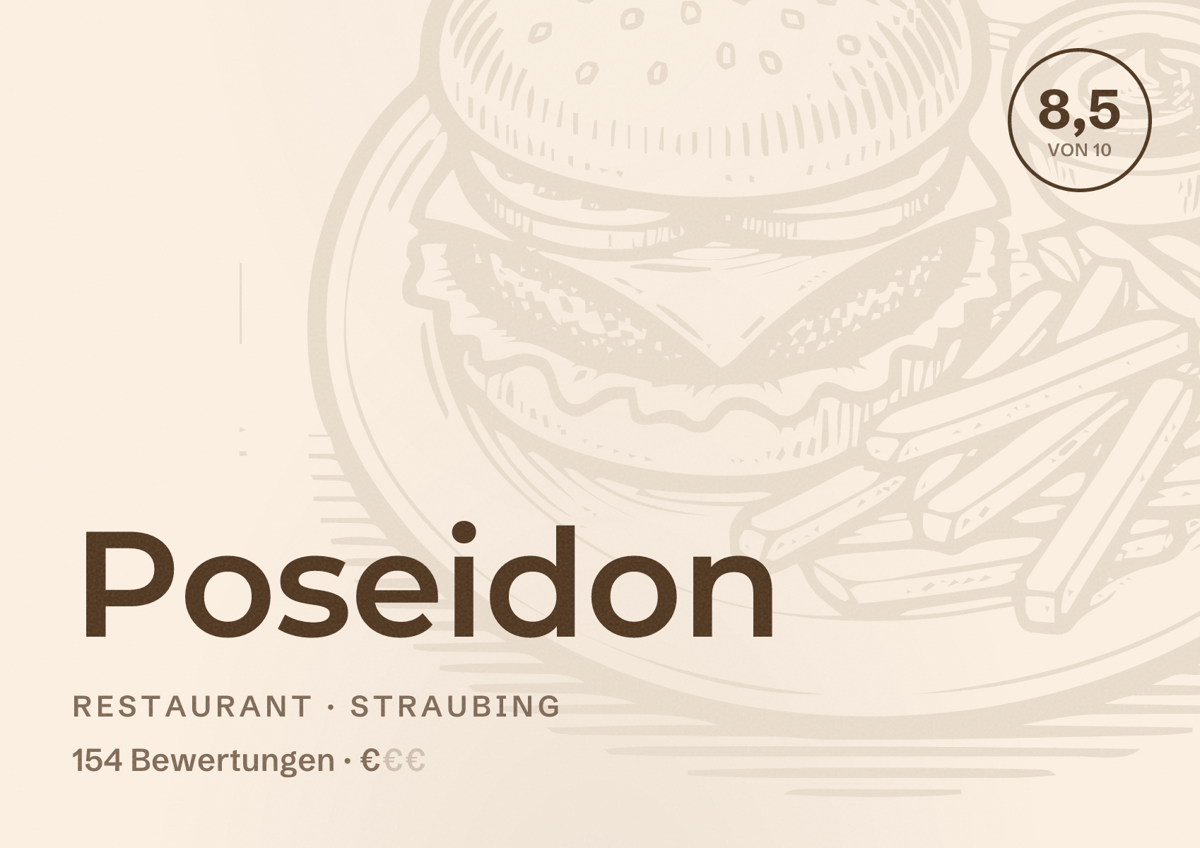 Illustriertes Poster von Poseidon, Restaurant in Straubing: Bewertung 8,5 von 10 aus 154 Bewertungen, Preisniveau €