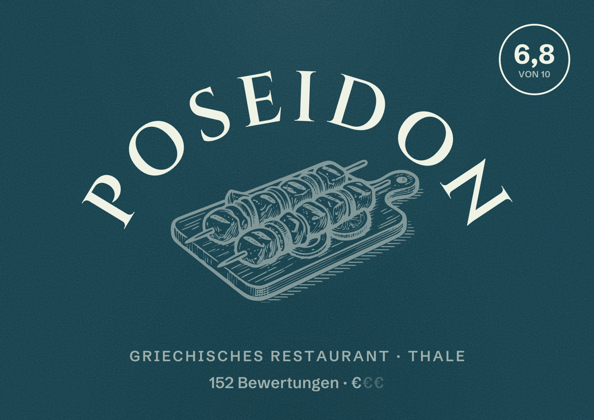 Illustriertes Poster von Poseidon, Griechisches Restaurant in Thale: Bewertung 6,8 von 10 aus 152 Bewertungen, Preisniveau €