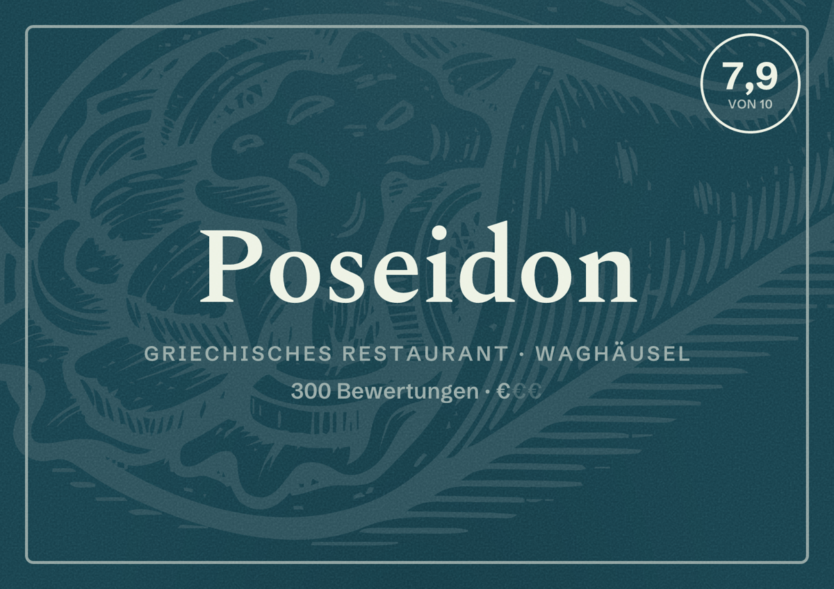 Illustriertes Poster von Poseidon, Griechisches Restaurant in Waghäusel: Bewertung 7,9 von 10 aus 300 Bewertungen, Preisniveau €