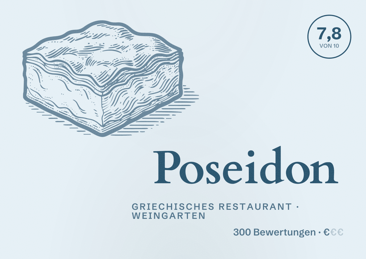 Illustriertes Poster von Poseidon, Griechisches Restaurant in Weingarten: Bewertung 7,8 von 10 aus 300 Bewertungen, Preisniveau €