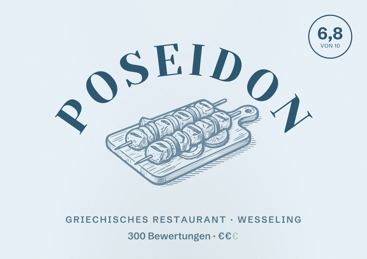 Illustriertes Poster von Poseidon, Griechisches Restaurant in Wesseling: Bewertung 6,8 von 10 aus 300 Bewertungen, Preisniveau €€