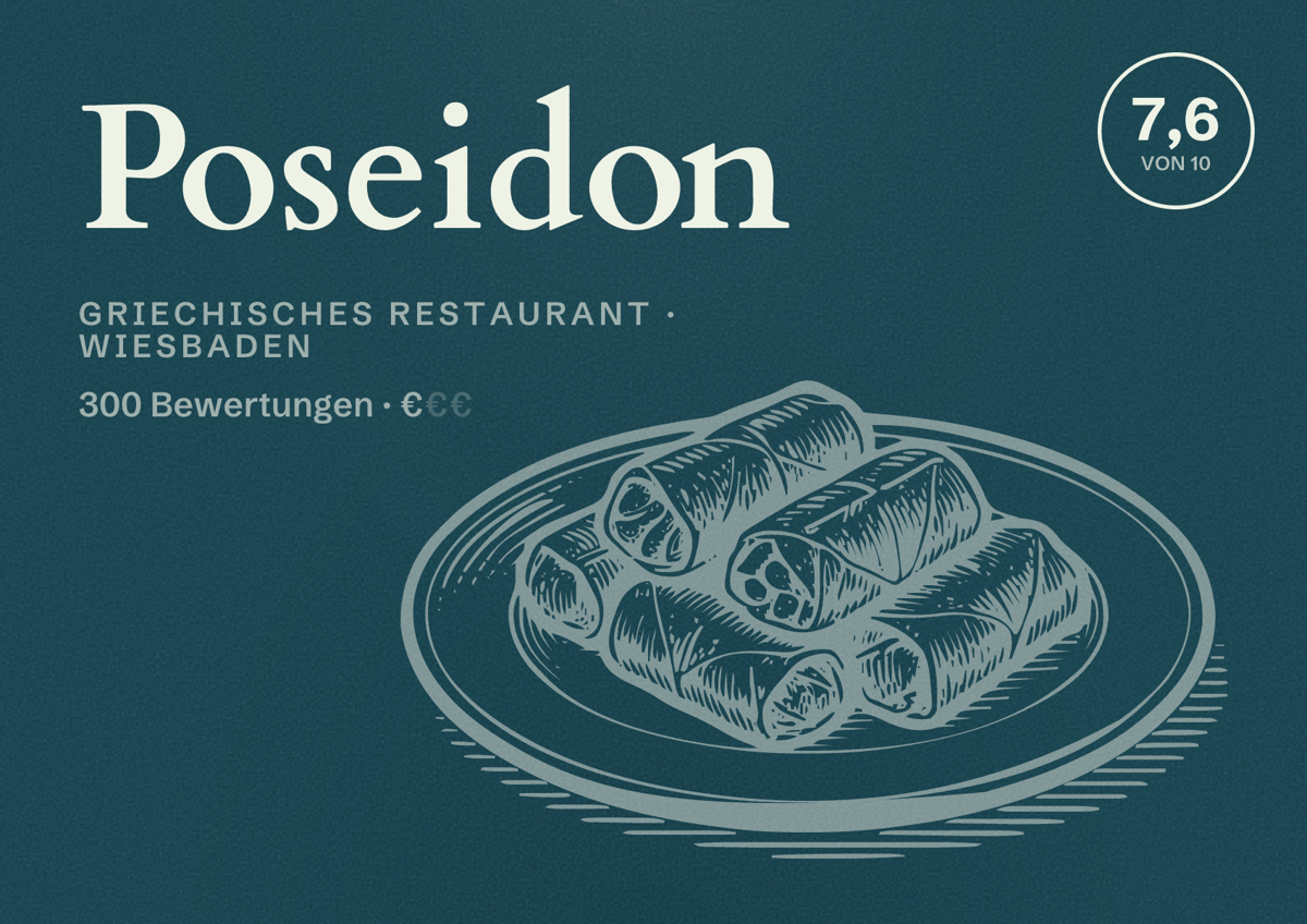 Illustriertes Poster von Poseidon, Griechisches Restaurant in Wiesbaden: Bewertung 7,6 von 10 aus 300 Bewertungen, Preisniveau €