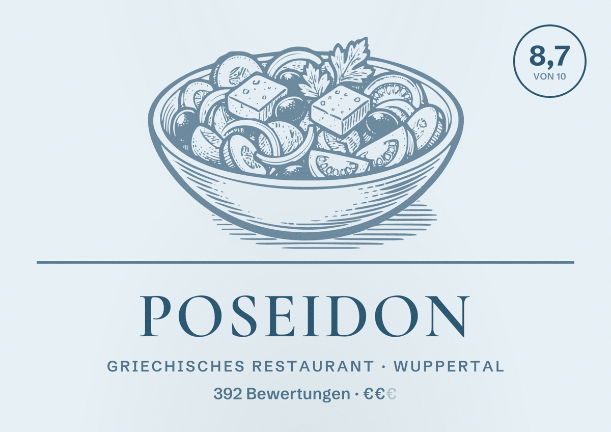 Illustriertes Poster von Poseidon, Griechisches Restaurant in Wuppertal: Bewertung 8,7 von 10 aus 392 Bewertungen, Preisniveau €€