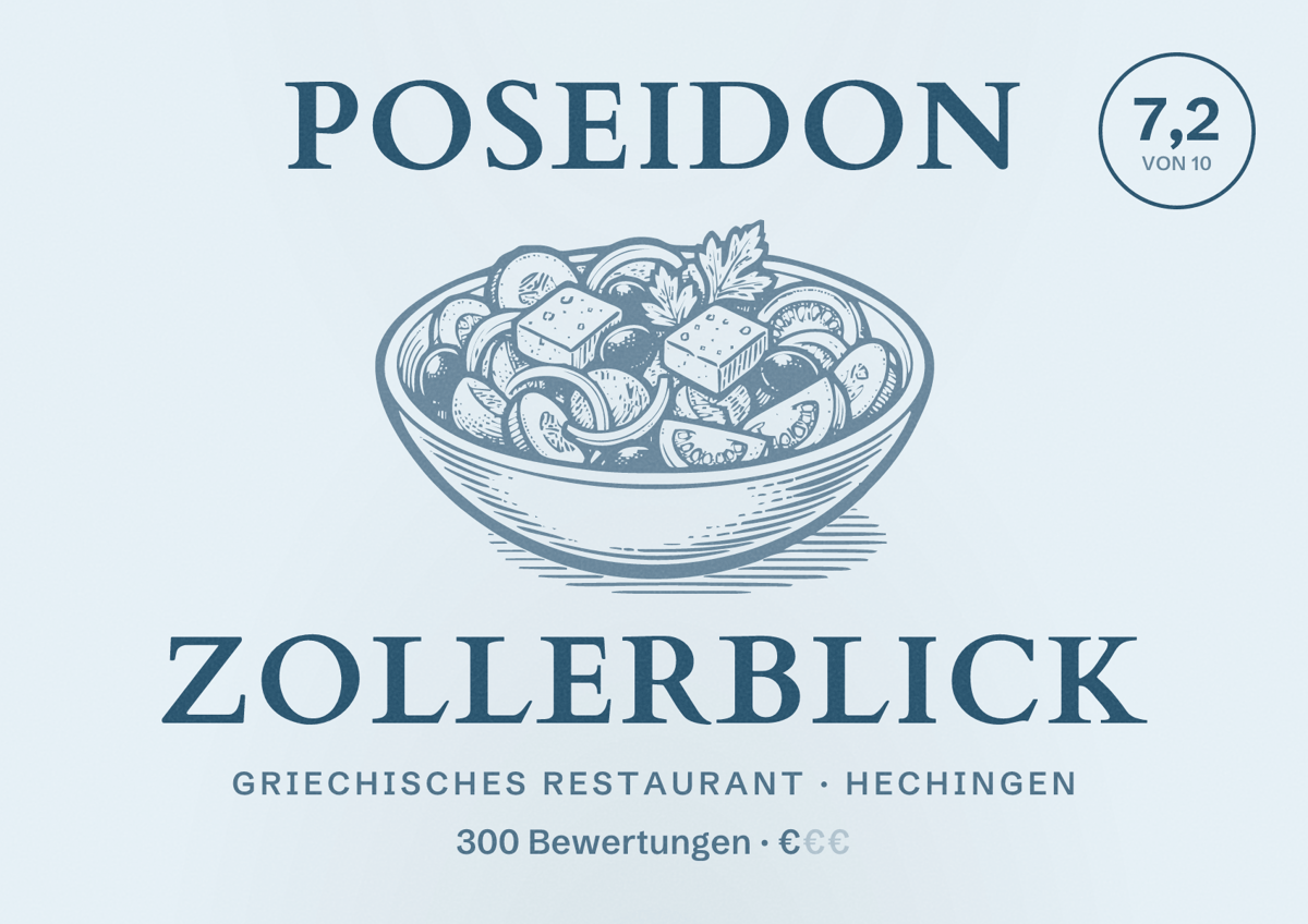 Illustriertes Poster von Poseidon Zollerblick, Griechisches Restaurant in Hechingen: Bewertung 7,2 von 10 aus 300 Bewertungen, Preisniveau €
