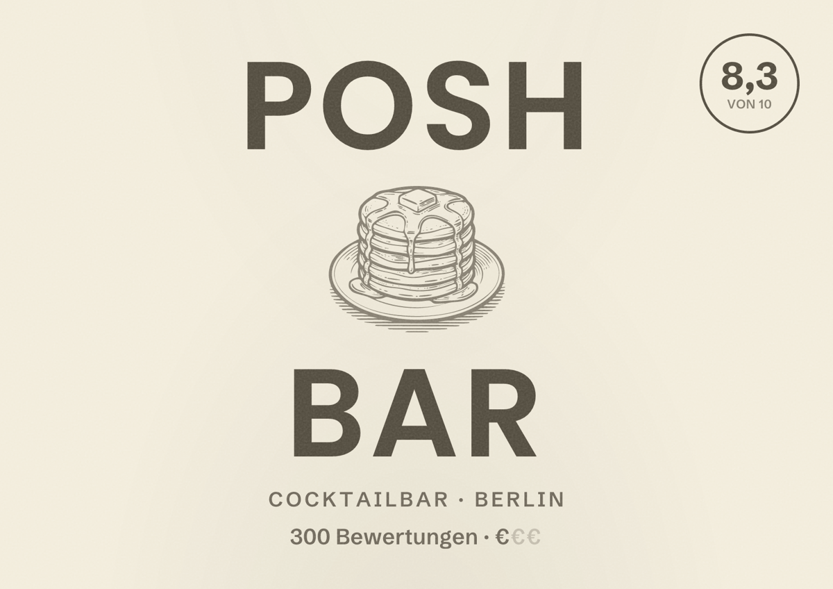 Illustriertes Poster von Posh Bar, Cocktailbar in Berlin: Bewertung 8,3 von 10 aus 300 Bewertungen, Preisniveau €