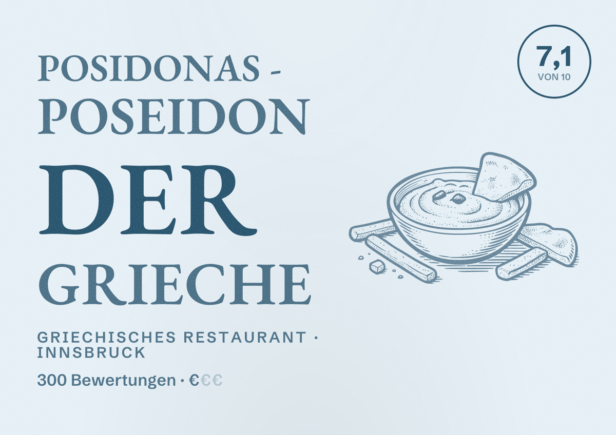 Illustriertes Poster von Posidonas - Poseidon Der Grieche, Griechisches Restaurant in Innsbruck: Bewertung 7,1 von 10 aus 300 Bewertungen, Preisniveau €