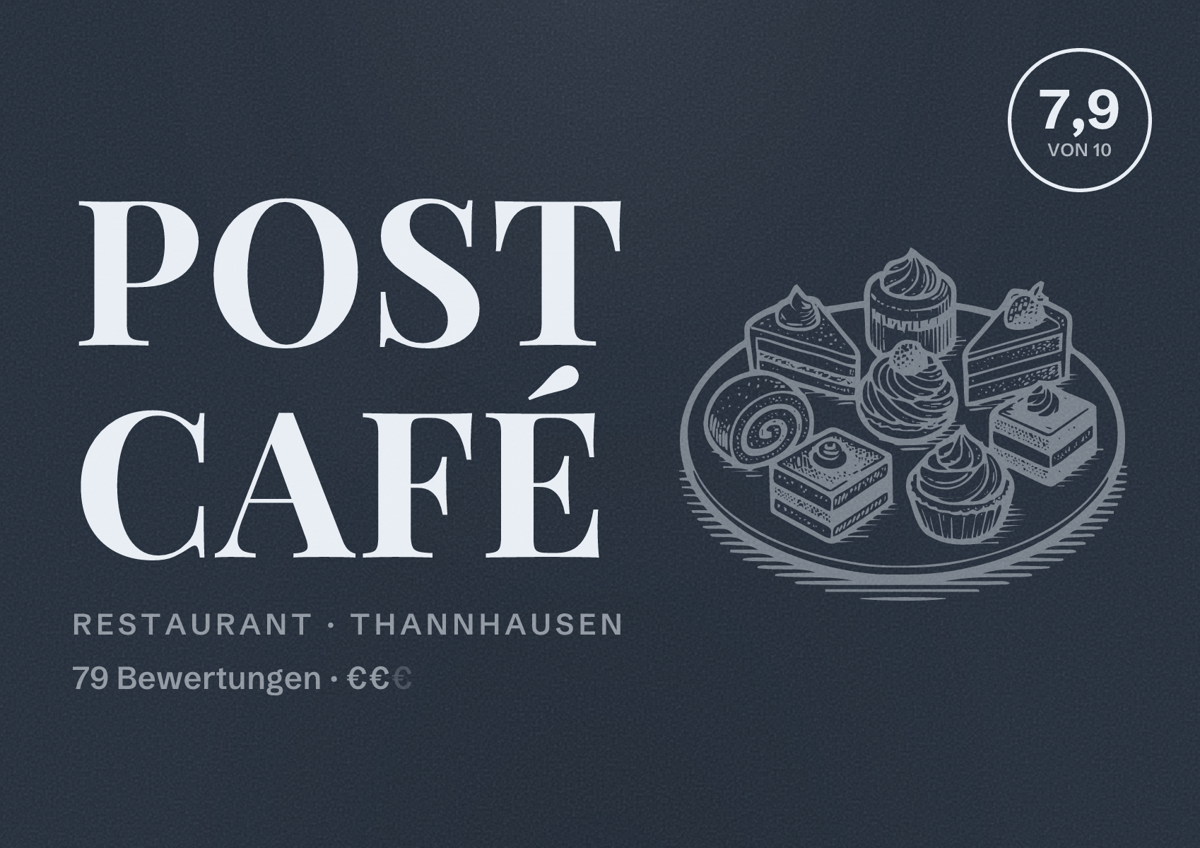 Illustriertes Poster von Post Café, Restaurant in Thannhausen: Bewertung 7,9 von 10 aus 79 Bewertungen, Preisniveau €€