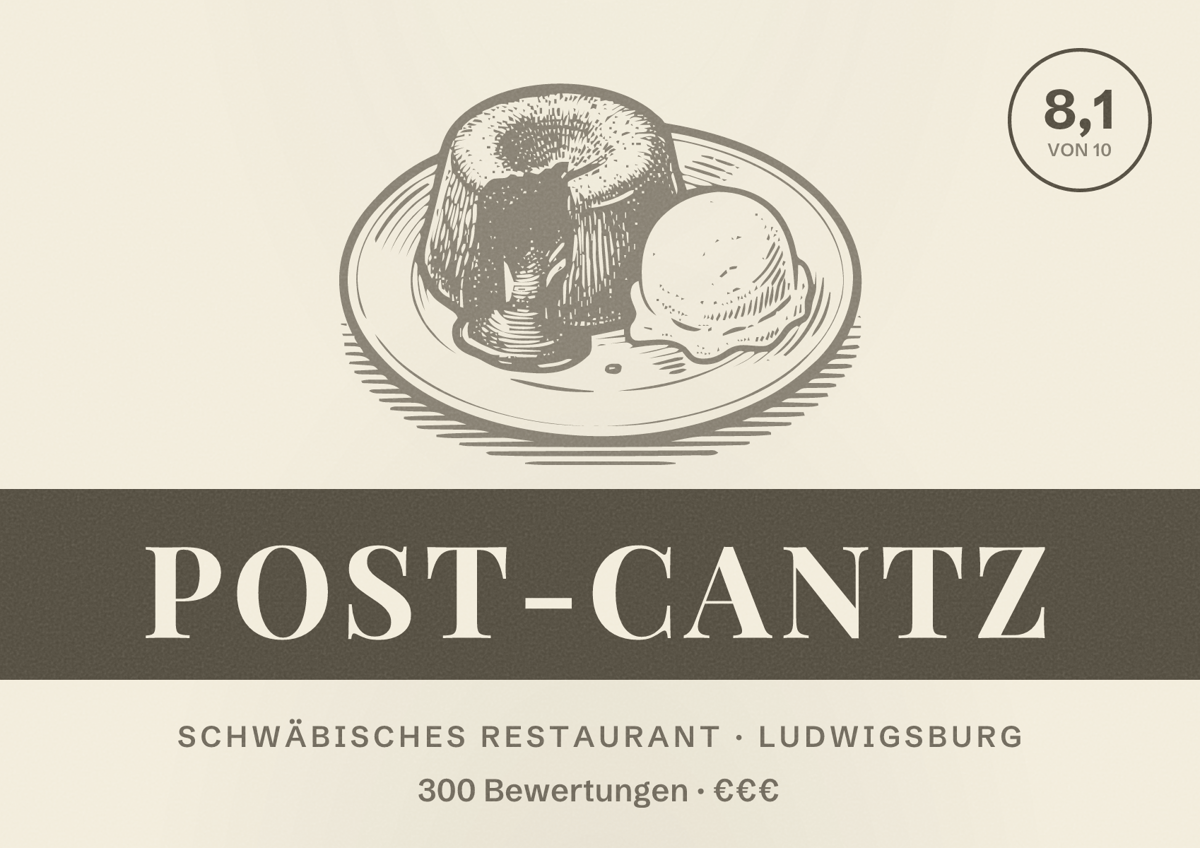 Illustriertes Poster von Post-Cantz, Schwäbisches Restaurant in Ludwigsburg: Bewertung 8,1 von 10 aus 300 Bewertungen, Preisniveau €€€