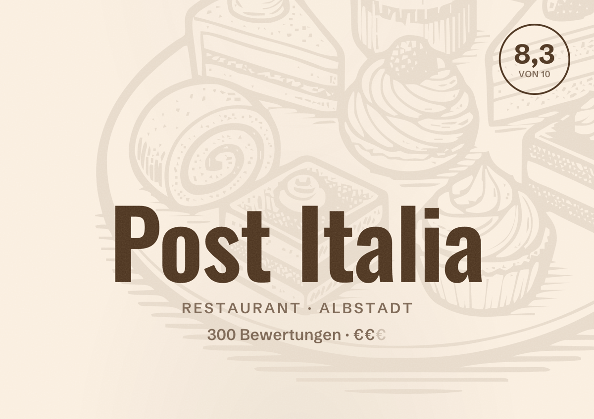 Illustriertes Poster von Post Italia, Restaurant in Albstadt: Bewertung 8,3 von 10 aus 300 Bewertungen, Preisniveau €€