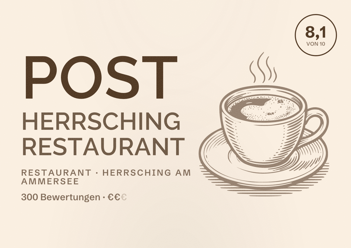 Illustriertes Poster von Post Herrsching Restaurant, Restaurant in Herrsching am Ammersee: Bewertung 8,1 von 10 aus 300 Bewertungen, Preisniveau €€