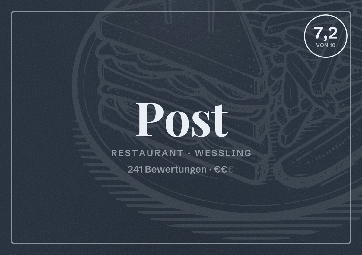 Illustriertes Poster von Post, Restaurant in Weßling: Bewertung 7,2 von 10 aus 241 Bewertungen, Preisniveau €€