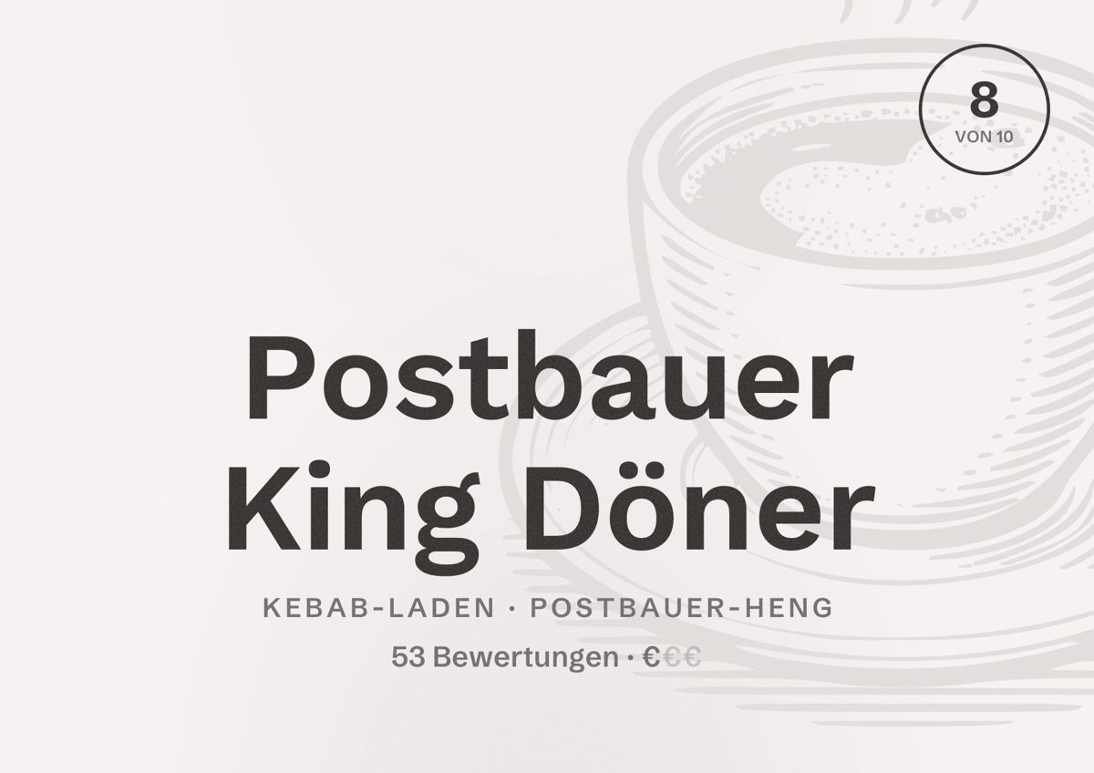 Illustriertes Poster von Postbauer King Döner, Kebab-Laden in Postbauer-Heng: Bewertung 8 von 10 aus 53 Bewertungen, Preisniveau €