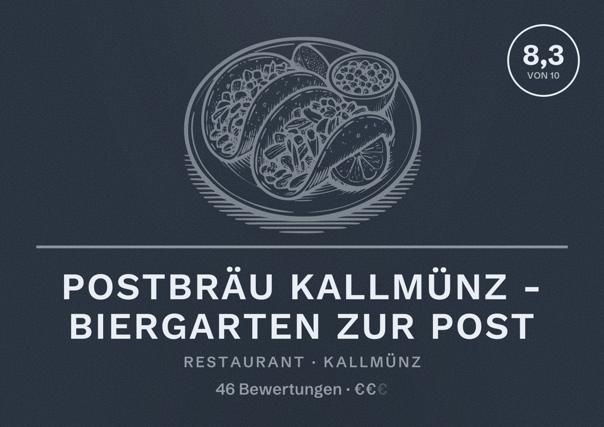 Illustriertes Poster von Postbräu Kallmünz - Biergarten zur Post, Restaurant in Kallmünz: Bewertung 8,3 von 10 aus 46 Bewertungen, Preisniveau €€