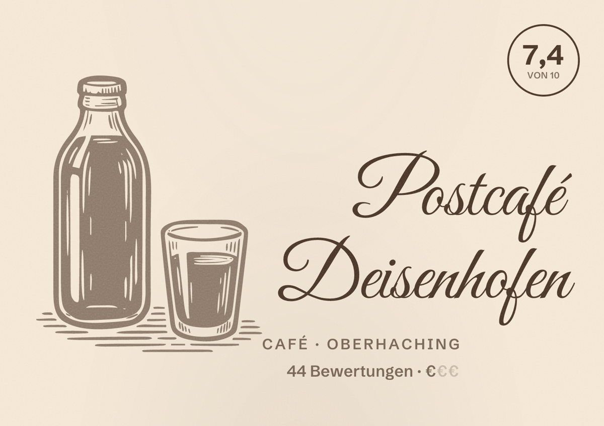 Illustriertes Poster von Postcafé Deisenhofen, Café in Oberhaching: Bewertung 7,4 von 10 aus 44 Bewertungen, Preisniveau €