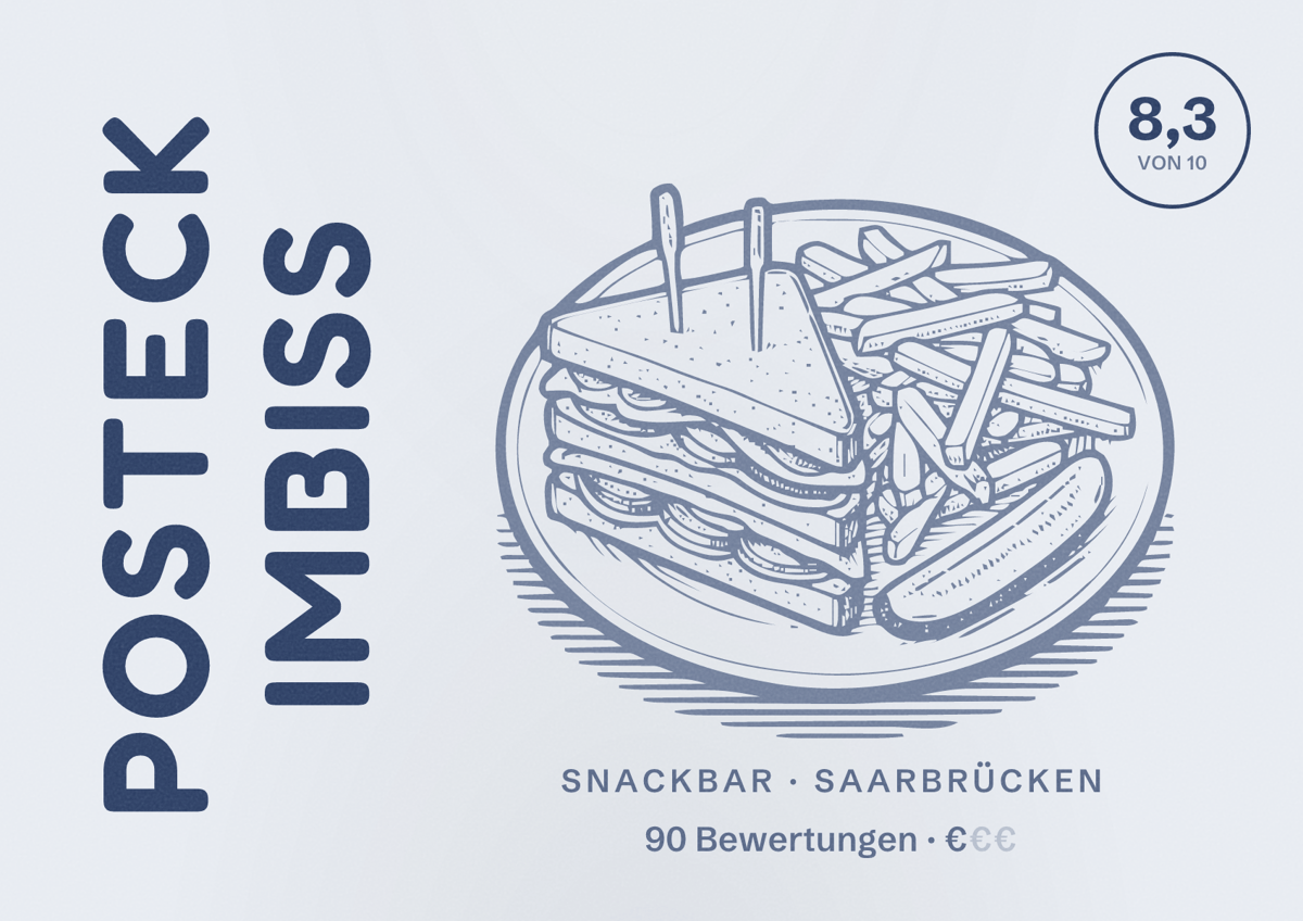 Illustriertes Poster von Posteck Imbiss, Snackbar in Saarbrücken: Bewertung 8,3 von 10 aus 90 Bewertungen, Preisniveau €