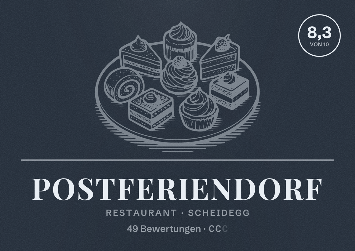 Illustriertes Poster von Postferiendorf, Restaurant in Scheidegg: Bewertung 8,3 von 10 aus 49 Bewertungen, Preisniveau €€