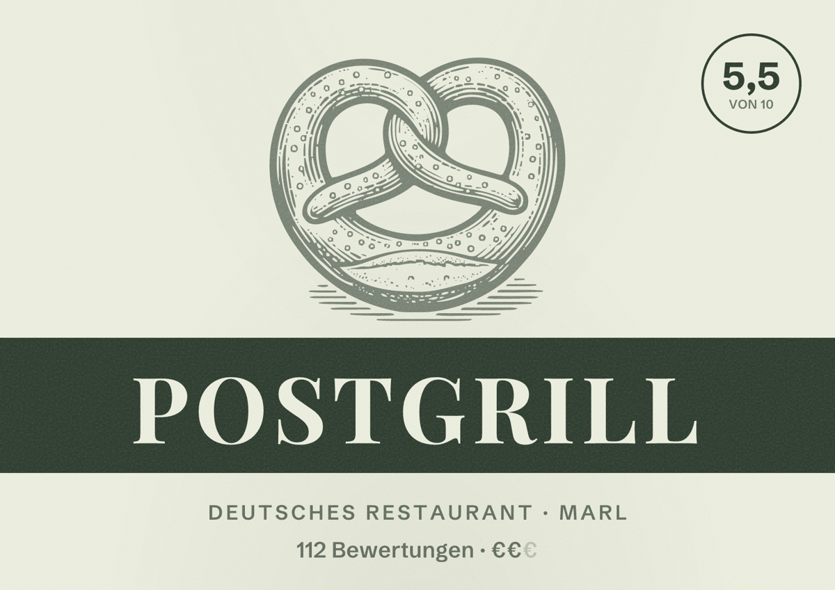 Illustriertes Poster von Postgrill, Deutsches Restaurant in Marl: Bewertung 5,5 von 10 aus 112 Bewertungen, Preisniveau €€