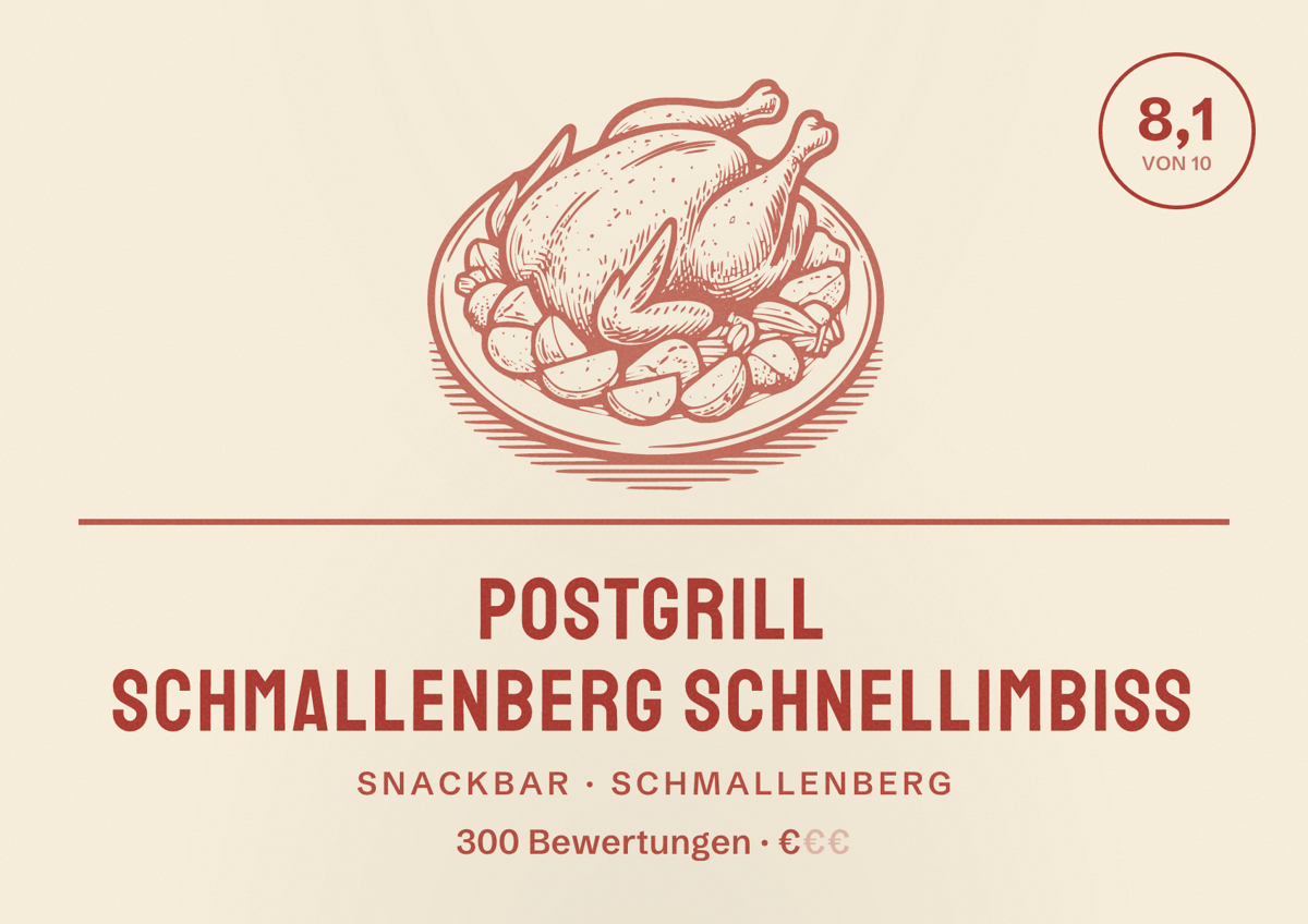 Illustriertes Poster von Postgrill Schmallenberg Schnellimbiss, Snackbar in Schmallenberg: Bewertung 8,1 von 10 aus 300 Bewertungen, Preisniveau €