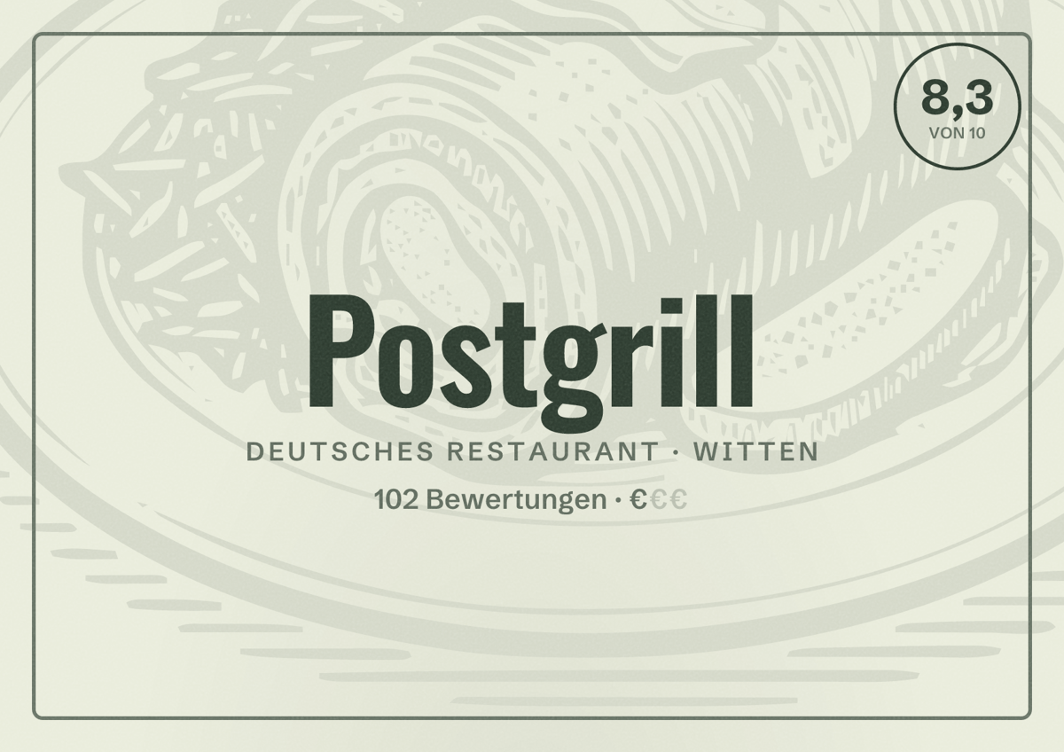 Illustriertes Poster von Postgrill, Deutsches Restaurant in Witten: Bewertung 8,3 von 10 aus 102 Bewertungen, Preisniveau €