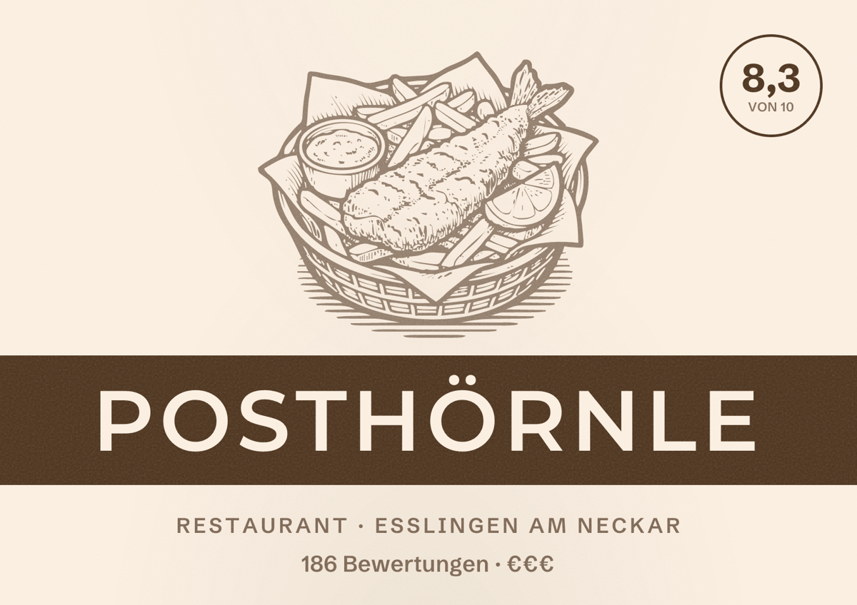 Illustriertes Poster von Posthörnle, Restaurant in Esslingen am Neckar: Bewertung 8,3 von 10 aus 186 Bewertungen, Preisniveau €€€