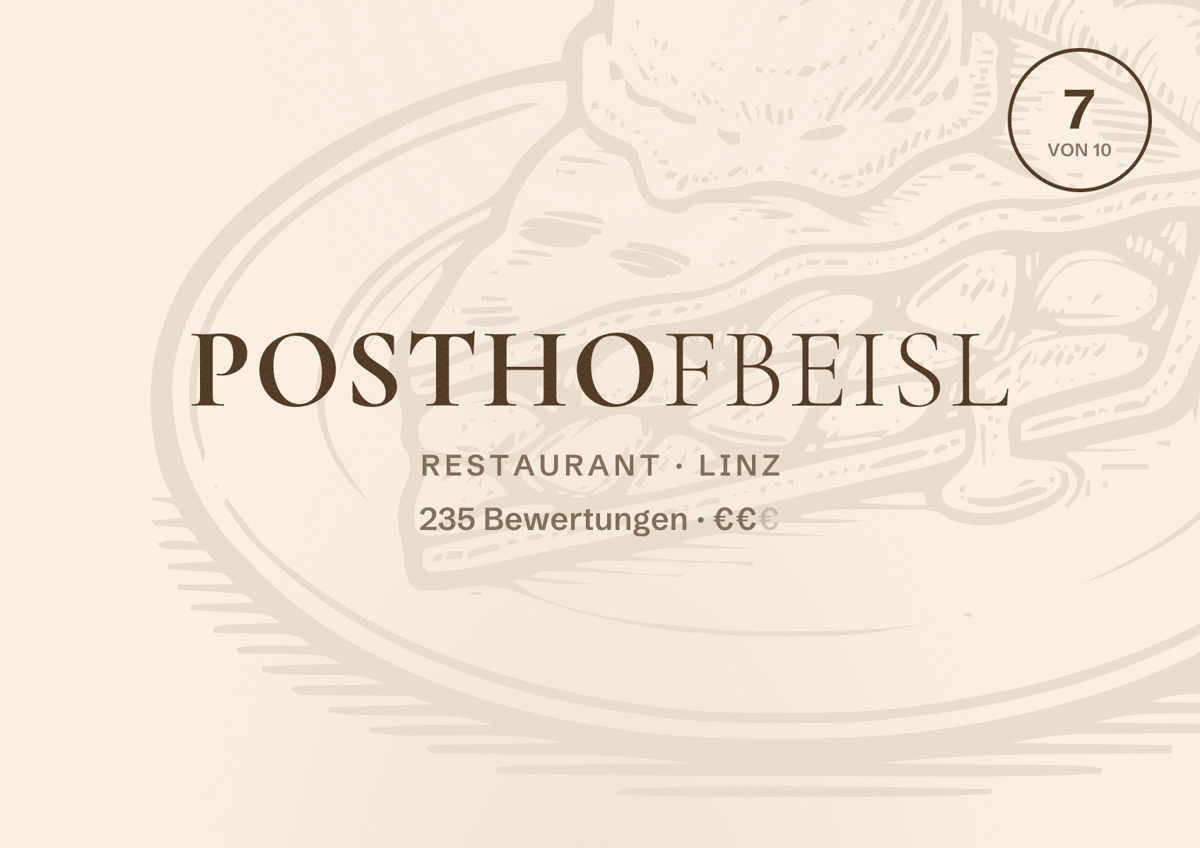 Illustriertes Poster von Posthofbeisl, Restaurant in Linz: Bewertung 7 von 10 aus 235 Bewertungen, Preisniveau €€