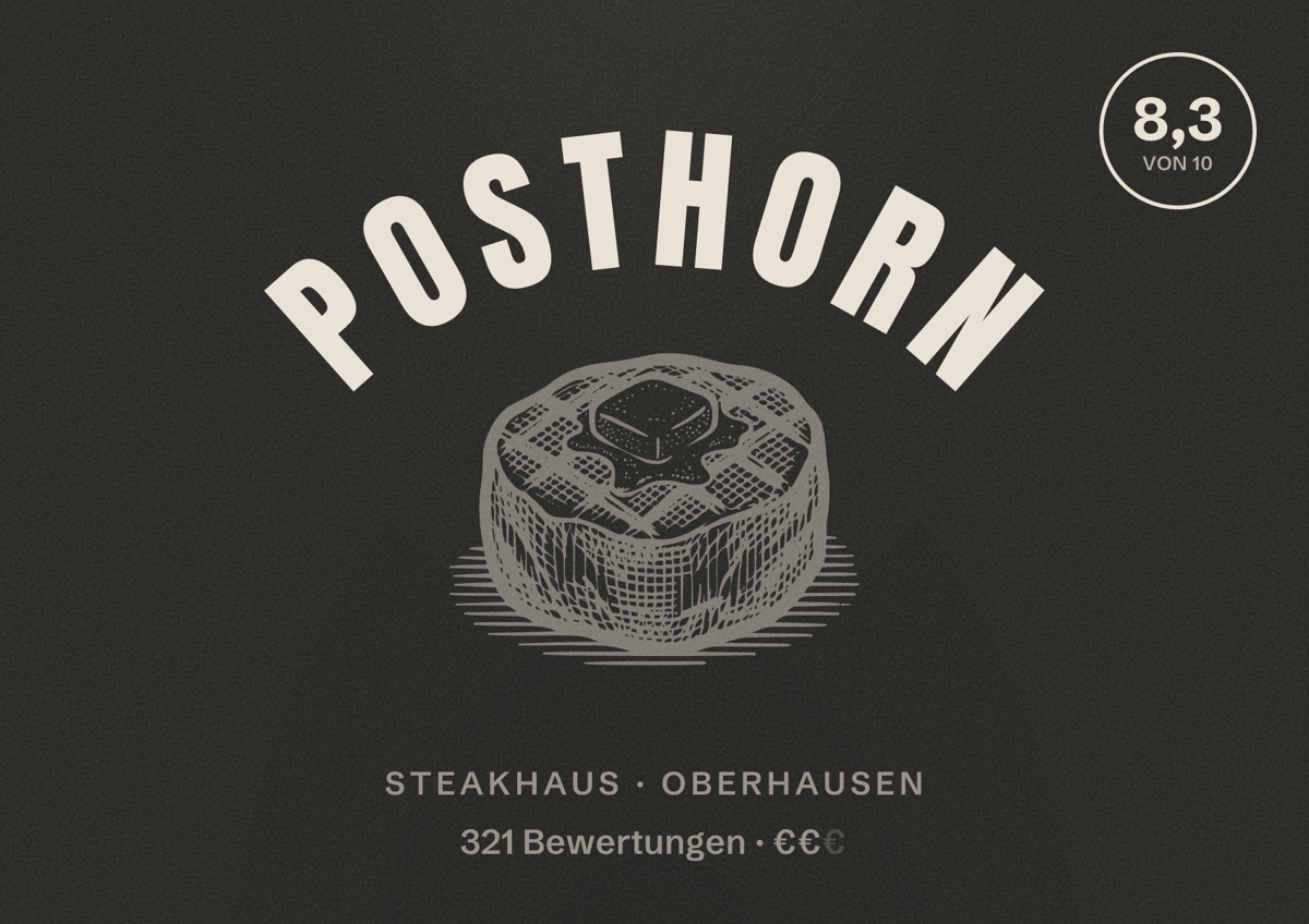 Illustriertes Poster von Posthorn, Steakhaus in Oberhausen: Bewertung 8,3 von 10 aus 321 Bewertungen, Preisniveau €€